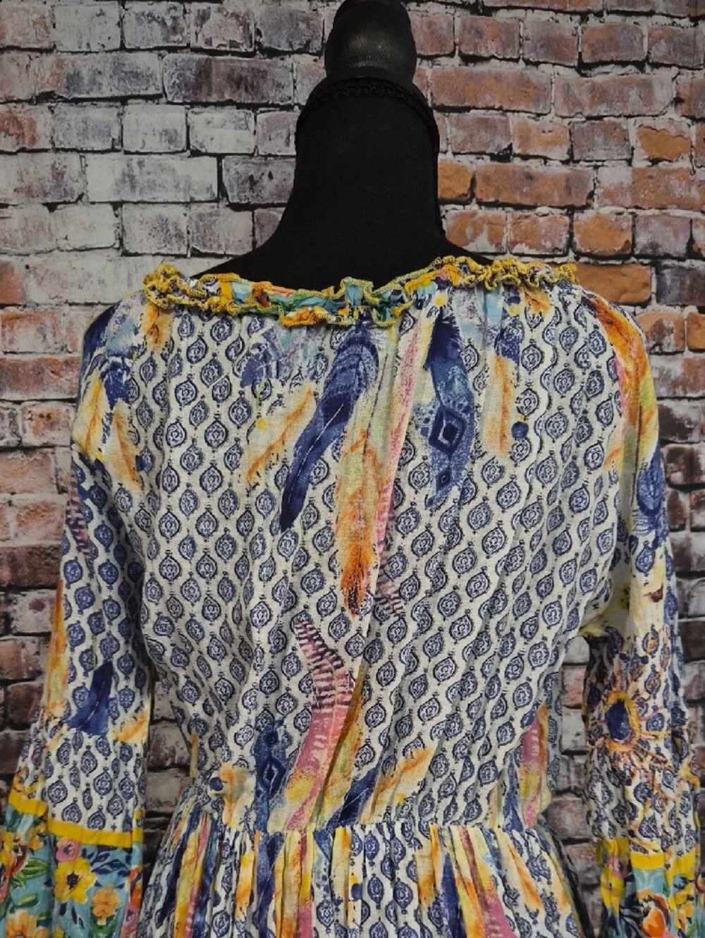 Antica Sortoria Embroidered Floral Long-Sleeve Tassel Dress in Blue and Yellow - Picture 10 of 12
